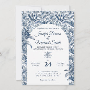 Invitación Boda con arco botánico de palmera grande azul polv