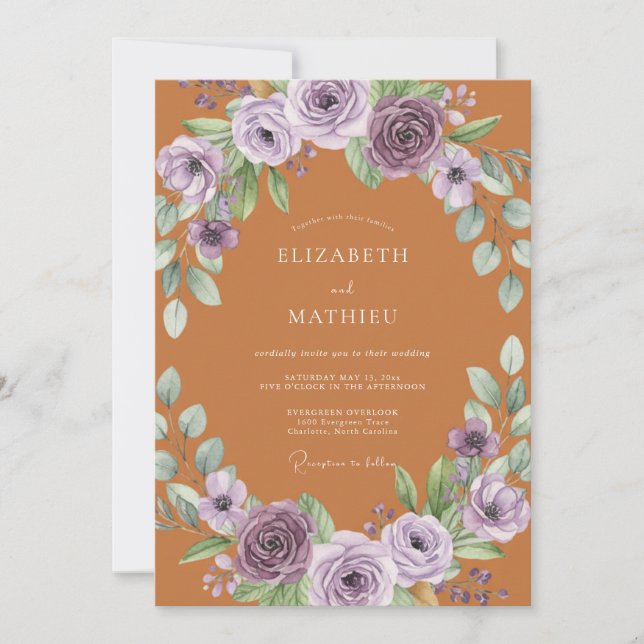 Invitación Boda con Arco Botánico Púrpura (Anverso)