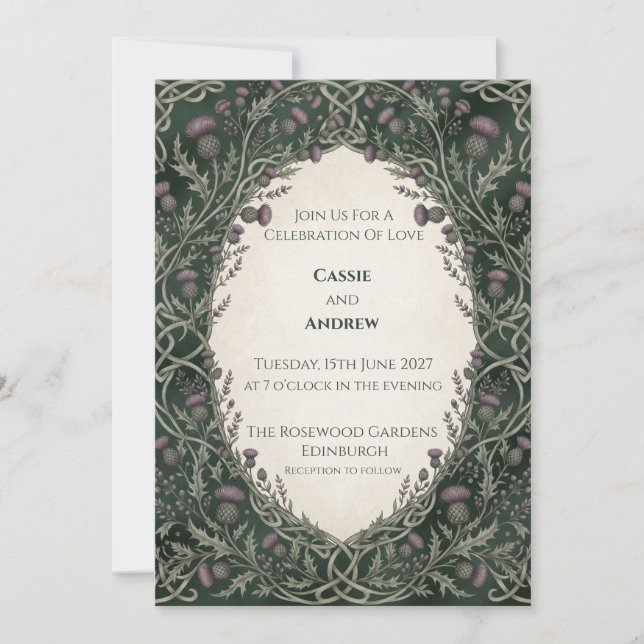 Invitación Boda con arco celta de cardo verde oscuro (Anverso)