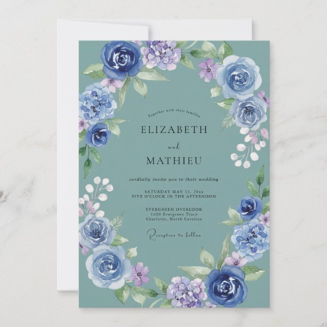 Invitación Boda con Arco de Azul Polvoriento (Anverso)