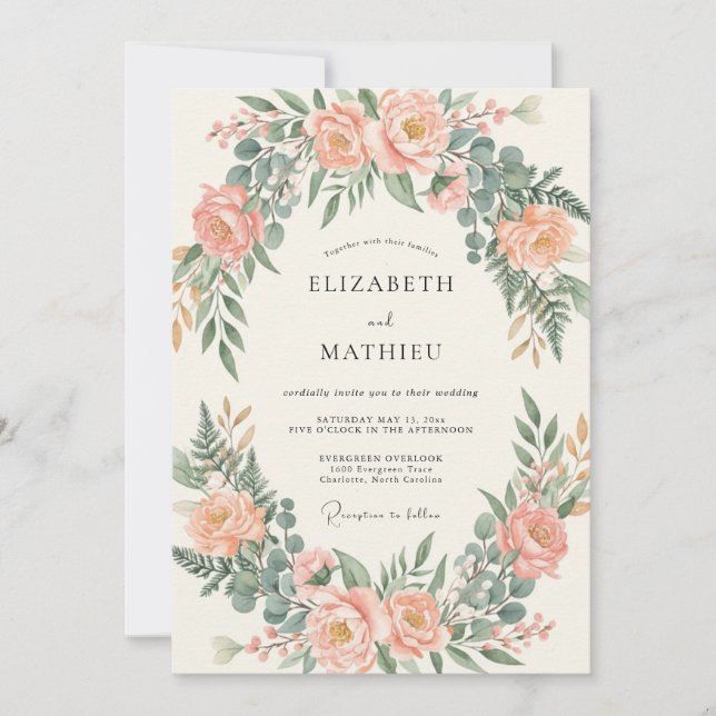 Invitación Boda con Arco de Eucalipto y Rosa Melocotón Rosado (Anverso)