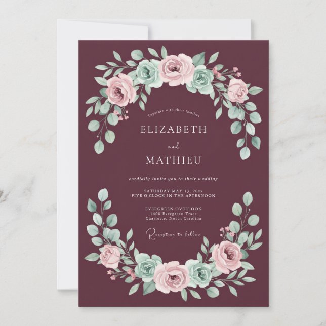 Invitación Boda con Arco de Flor de Borgoña (Anverso)