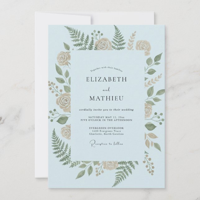 Invitación Boda con arco de helechos azul cielo (Anverso)