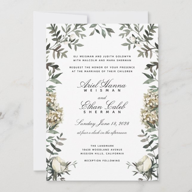Invitación Boda con Arco de Helechos de Eucalipto y Flores Bl (Anverso)