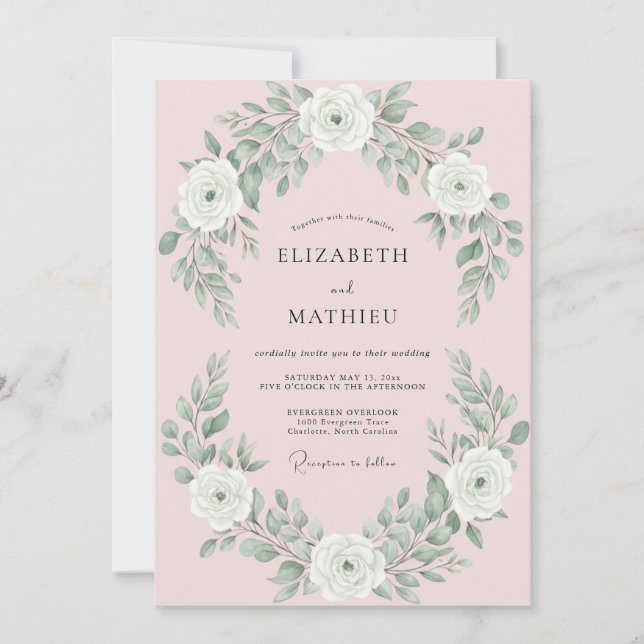 Invitación Boda con Arco de Hojas Blancas con Rubor (Anverso)