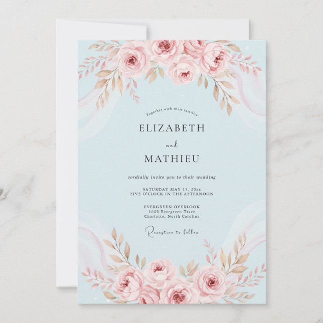 Invitación Boda con Arco de Peonía Rosa Cielo (Anverso)