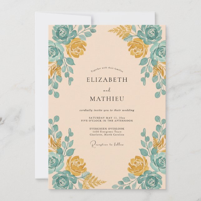 Invitación Boda con Arco de Rosa Teal Albaricoque (Anverso)