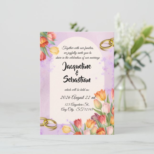 Invitación Boda con Arco de Tulipanes de Primavera (Anverso de pie)