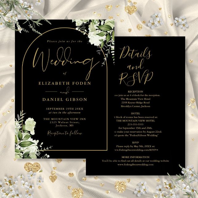 Invitación Boda con arco de vegetación negro y dorado todo en (All In One Greenery Black And Gold Arch Wedding Invitation)
