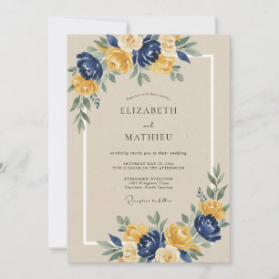 Invitación Boda con Arco Floral Amarillo y Azul Marino