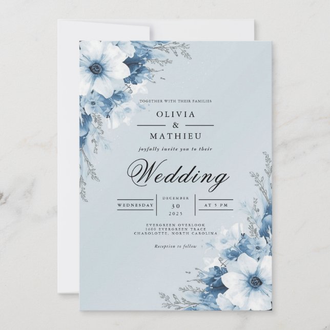 Invitación Boda con Arco Floral Azul Brumoso (Anverso)