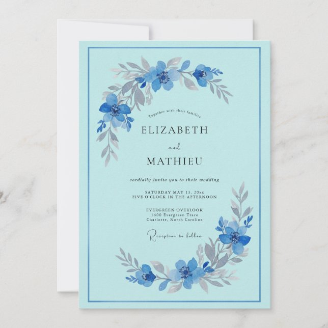 Invitación Boda con Arco Floral Azul Celeste (Anverso)
