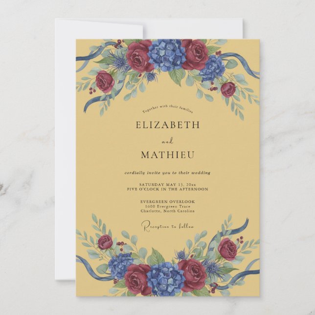 Invitación Boda con Arco Floral Azul de Borgoña (Anverso)