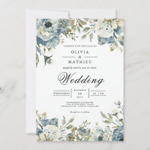 Invitación Boda con Arco Floral Azul Melancólico
