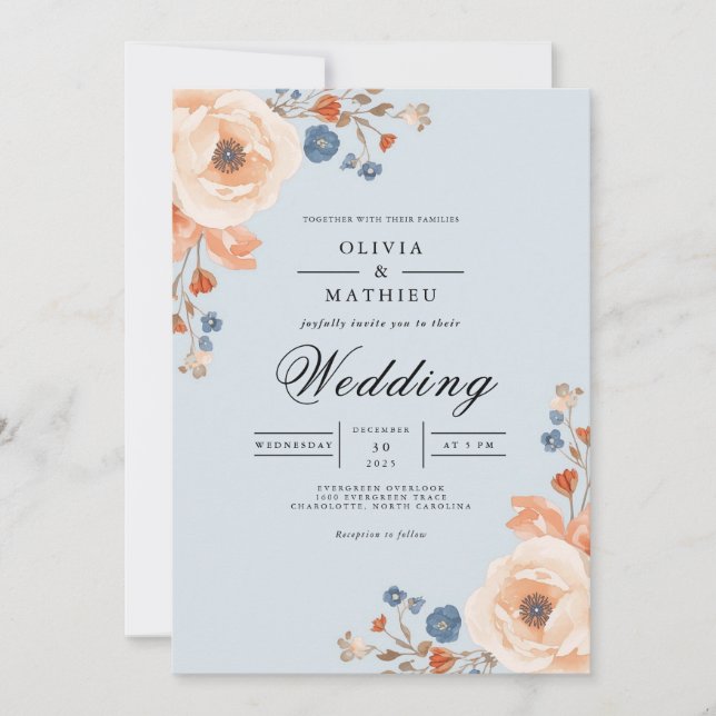 Invitación Boda con Arco Floral Azul Pálido (Anverso)
