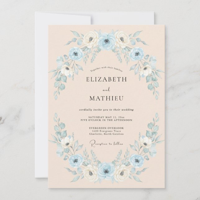 Invitación Boda con Arco Floral Azul Polvo (Anverso)