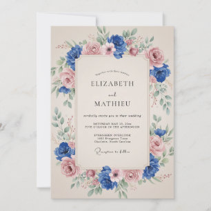 Invitación Boda con Arco Floral Azul Rosa