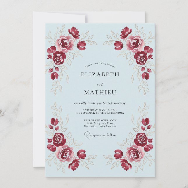 Invitación Boda con Arco Floral Carmesí (Anverso)