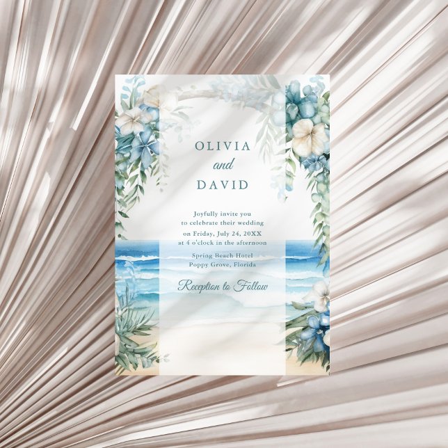 Invitación Boda con Arco Floral de Acuarela en Boho Beach (Boho Beach Watercolor Floral Arch Wedding Invitation on a sunny neutral dry palm leaf.)