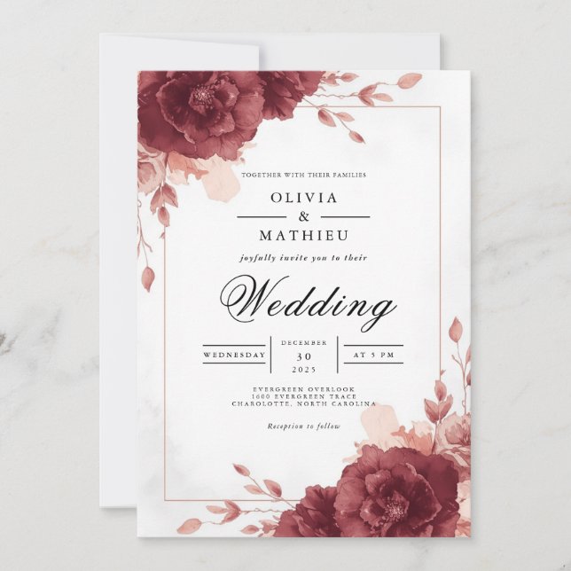 Invitación Boda con Arco Floral de Borgoña Profundo (Anverso)