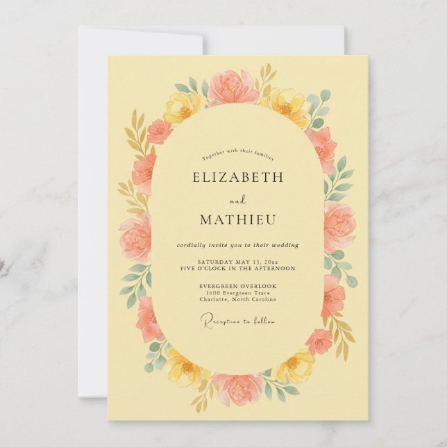 Invitación Boda con Arco Floral de Coral Amarillo (Anverso)