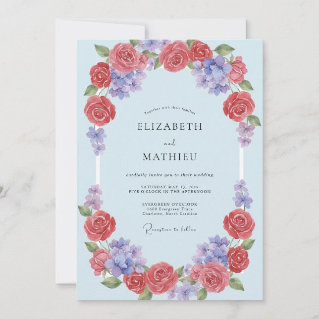 Invitación Boda con Arco Floral de Coral Azul (Anverso)