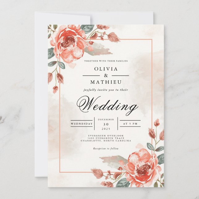 Invitación Boda con Arco Floral de Coral Suave (Anverso)