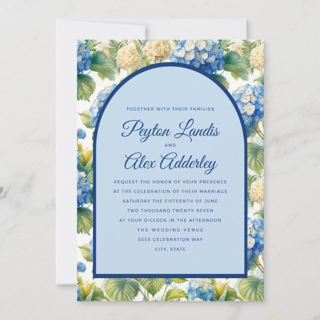 Invitación Boda con Arco Floral de Hortensias Azules (Anverso)