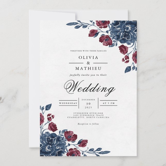 Invitación Boda con Arco Floral de Marina Carmesí (Anverso)