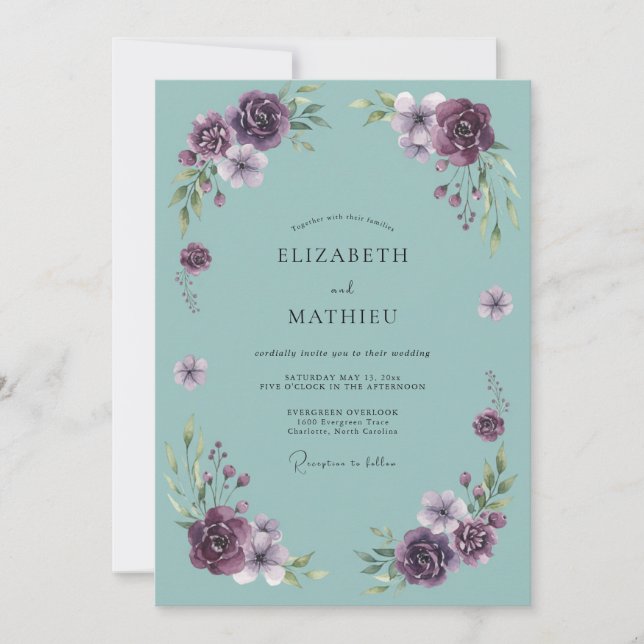 Invitación Boda con Arco Floral de Púrpura Profundo (Anverso)