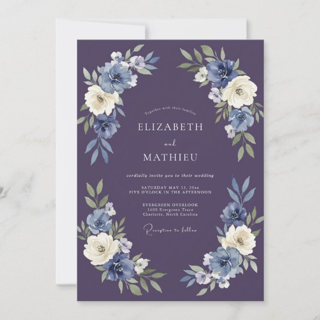 Invitación Boda con Arco Floral Índigo (Anverso)