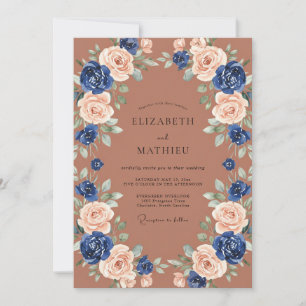 Invitación Boda con Arco Floral Rosa Claro y Azul Marino