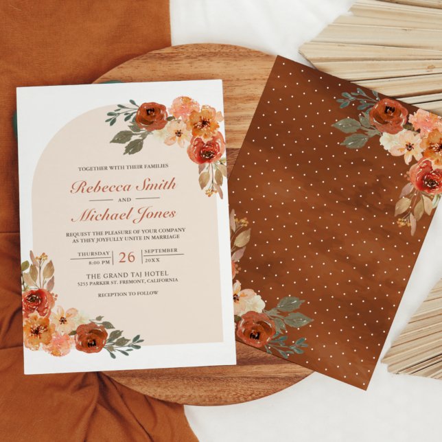 Invitación Boda con Arco Floral Rústico Terroso Naranja Quema (Subido por el creador)