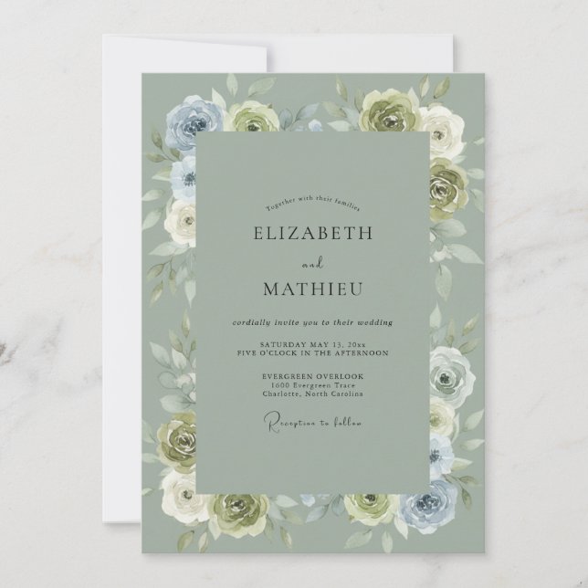 Invitación Boda con Arco Floral Verde Azul (Anverso)