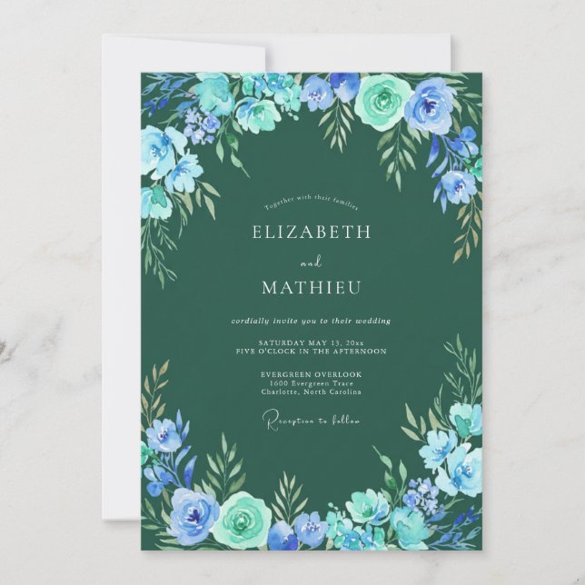 Invitación Boda con Arco Floral Verde Azul (Anverso)