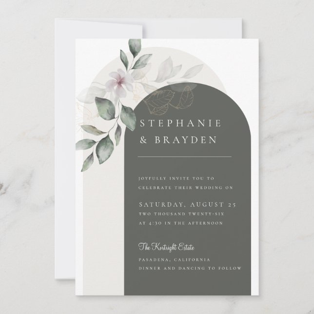 Invitación Boda con arco verde floral de letra elegante (Anverso)