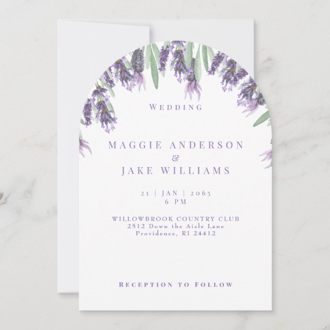 Invitación Boda con arcos de lavanda de color acuático (Anverso)