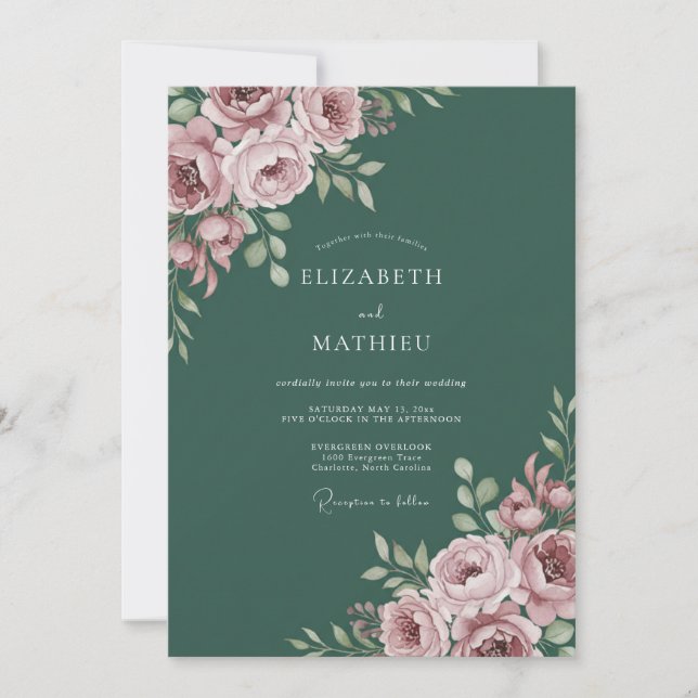 Invitación Boda con Arte Floral Rosa (Anverso)