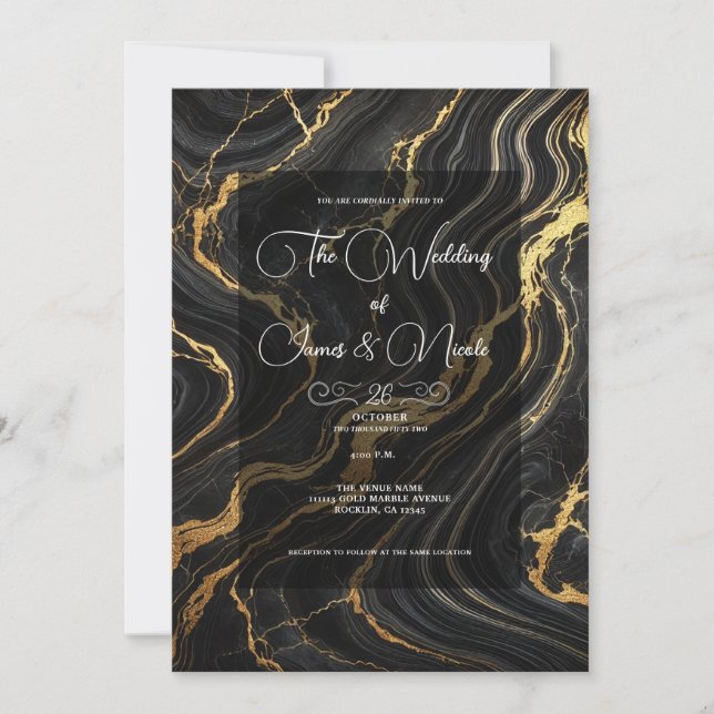 Invitación Boda con aspecto de mármol negro glam chic oro (Anverso)