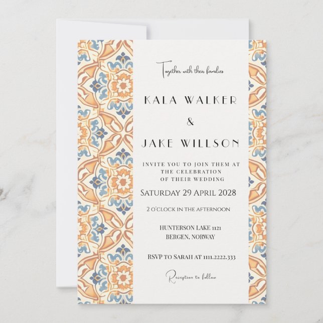 Invitación Boda con Azulejo Italiano Geométrico Naranja Boho (Anverso)