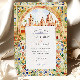 Invitación Boda con azulejo marroquí vibrante y arco de Marra