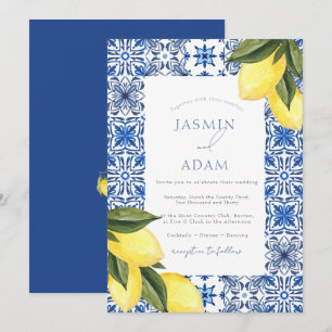 Invitación Boda con Azulejos Azules y Limones Mediterráneos