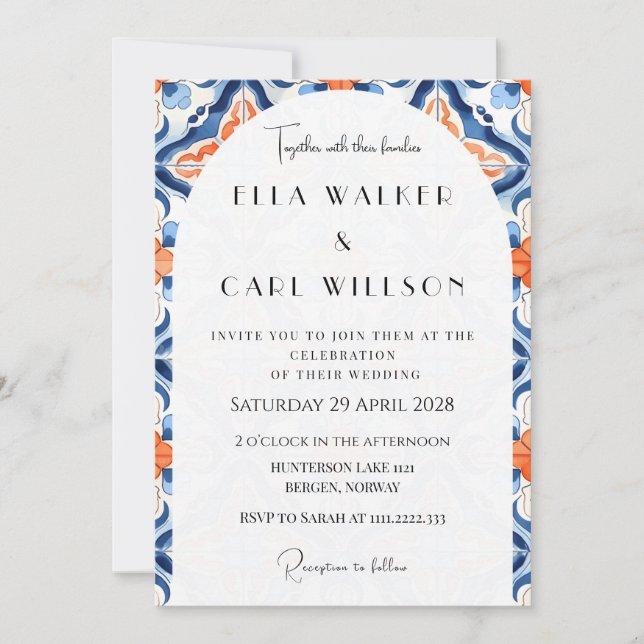 Invitación Boda con Azulejos Modernos Rojos y Azules (Anverso)