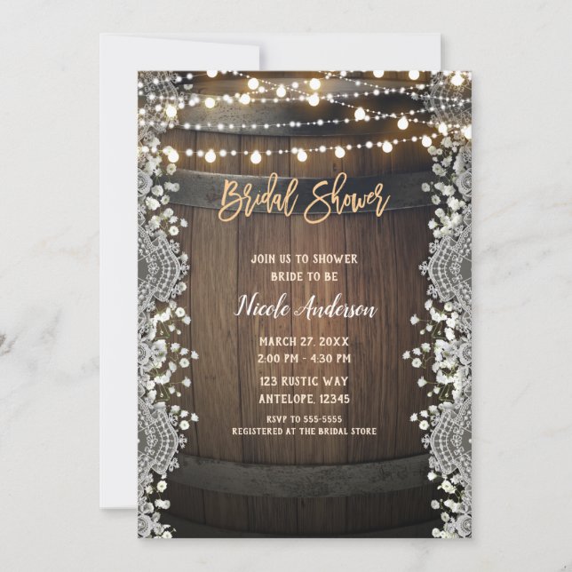 Invitación Boda con Barril de Madera Rústica, Encaje y Luces (Anverso)