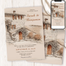 Invitación Boda con Boceto de Villa Italiana de Terracota