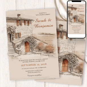Invitación Boda con Boceto de Villa Italiana de Terracota