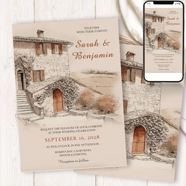 Invitación Boda con Boceto de Villa Italiana de Terracota (Subido por el creador)