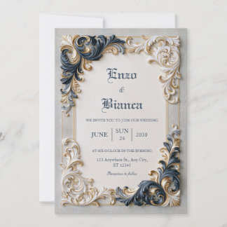 Invitación Boda con borde barroco de marino marfil