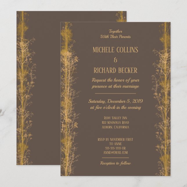 Invitación Boda con borde botánico dorado Chic (Anverso / Reverso)