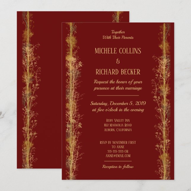 Invitación Boda con borde botánico dorado Chic (Anverso / Reverso)